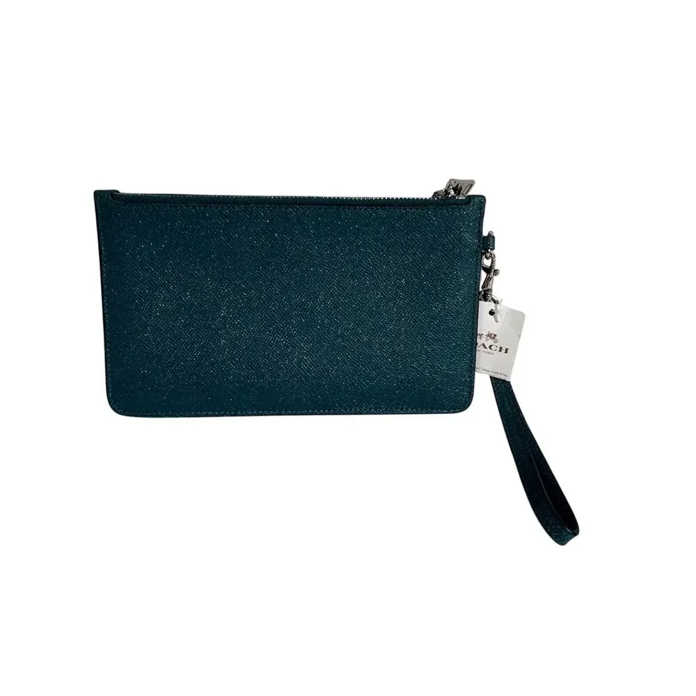 COACH Crosby Clutch Wristlet Dark Teal Glitter Crossgrain Leather F21020 NWT